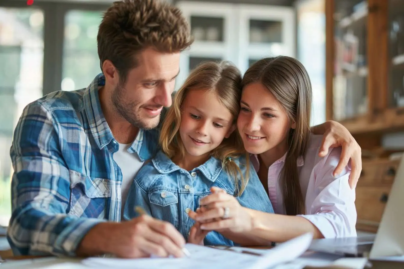 Famille travaillant sur une table avec ordinateur