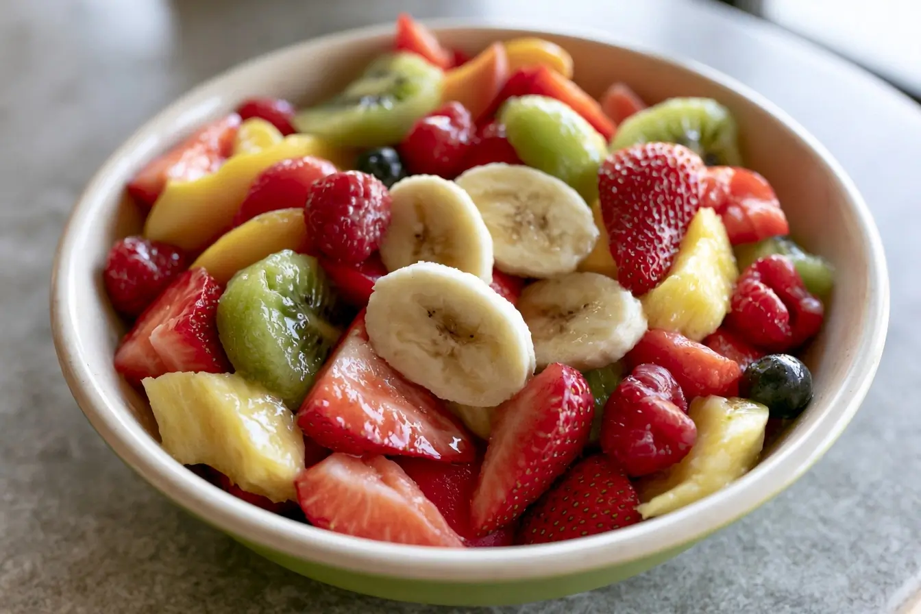 Salade de fruits servie avec banane visible