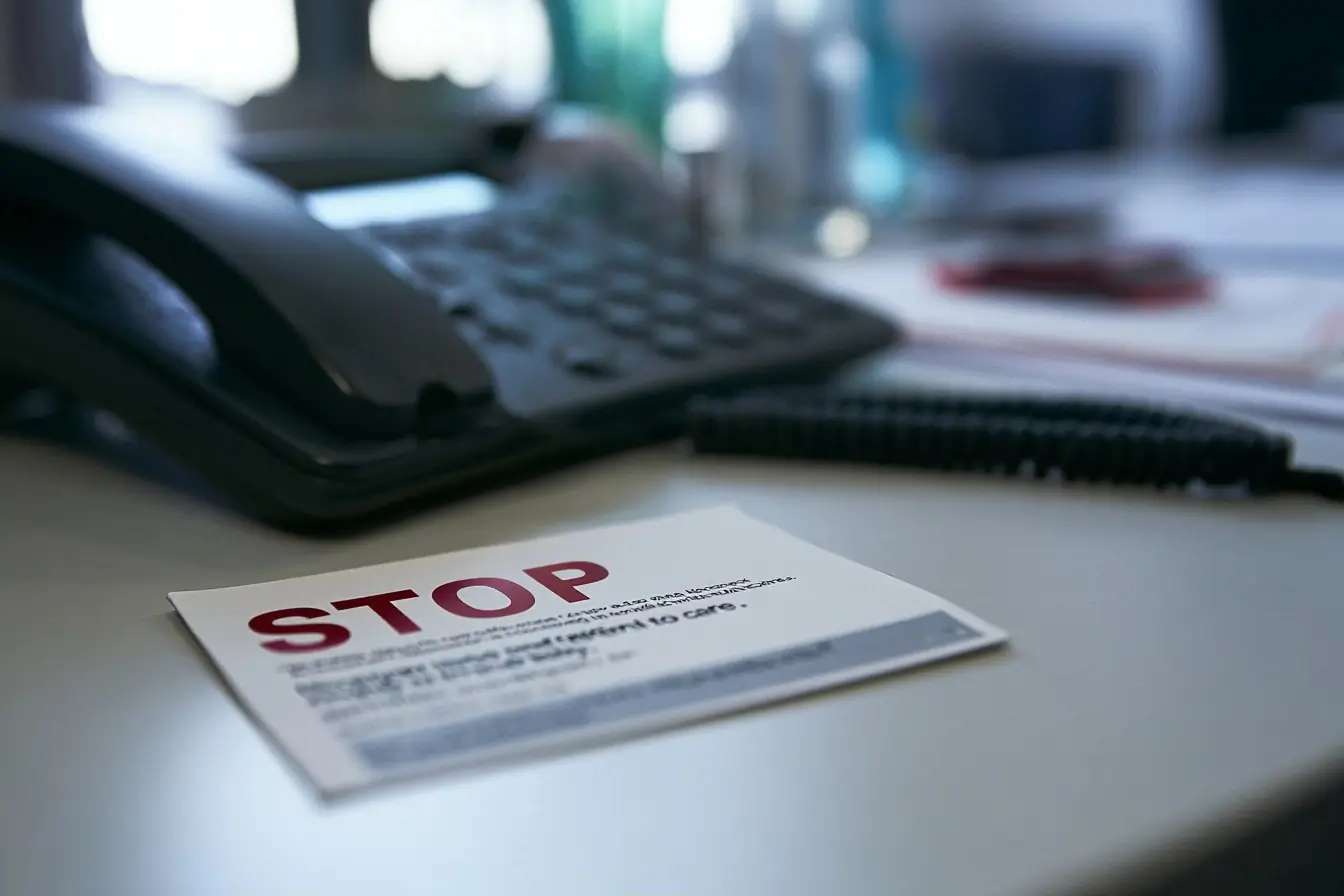 Téléphone et dépliant STOP sur un bureau