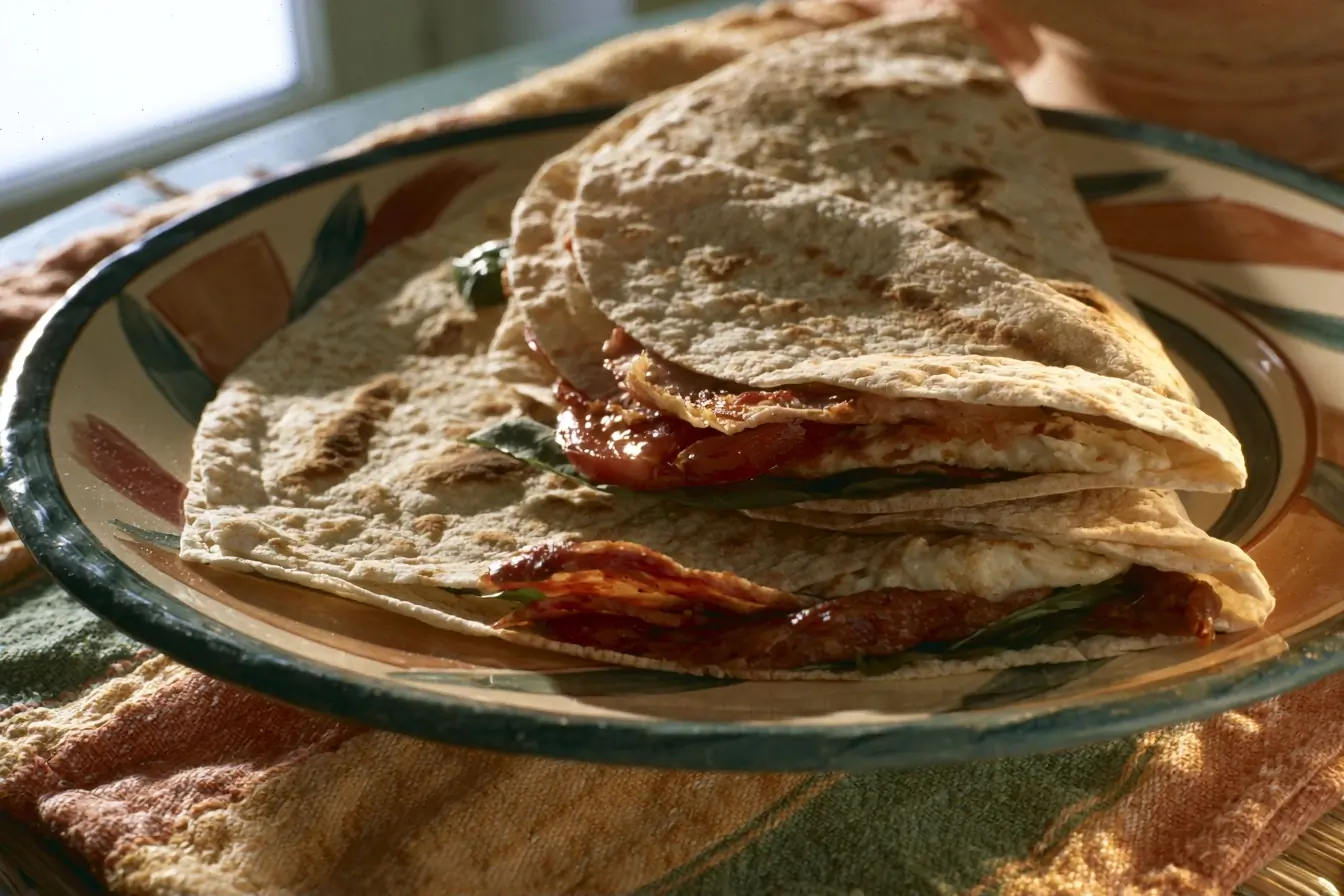 Une piadina pliée et garnie comme un sandwich,