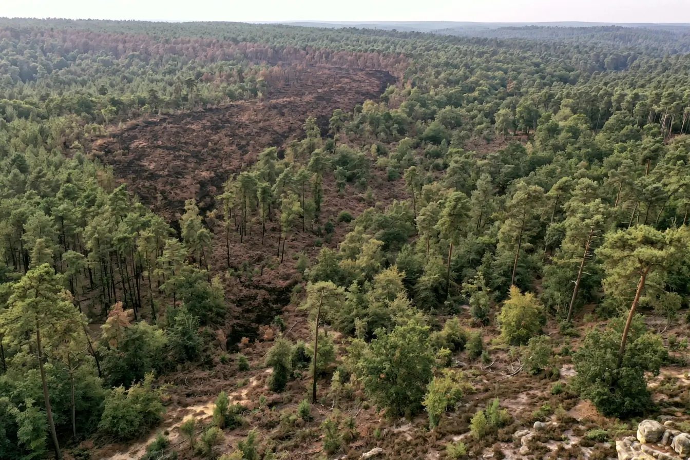 Large zone brûlée dans la forêt