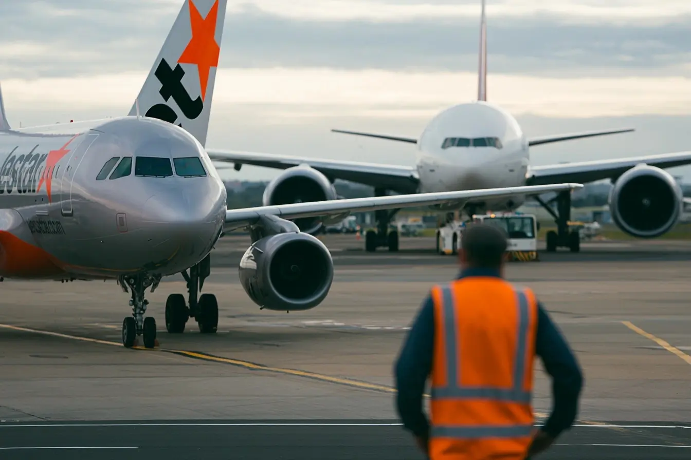 Agent de piste devant deux avions arrêtés