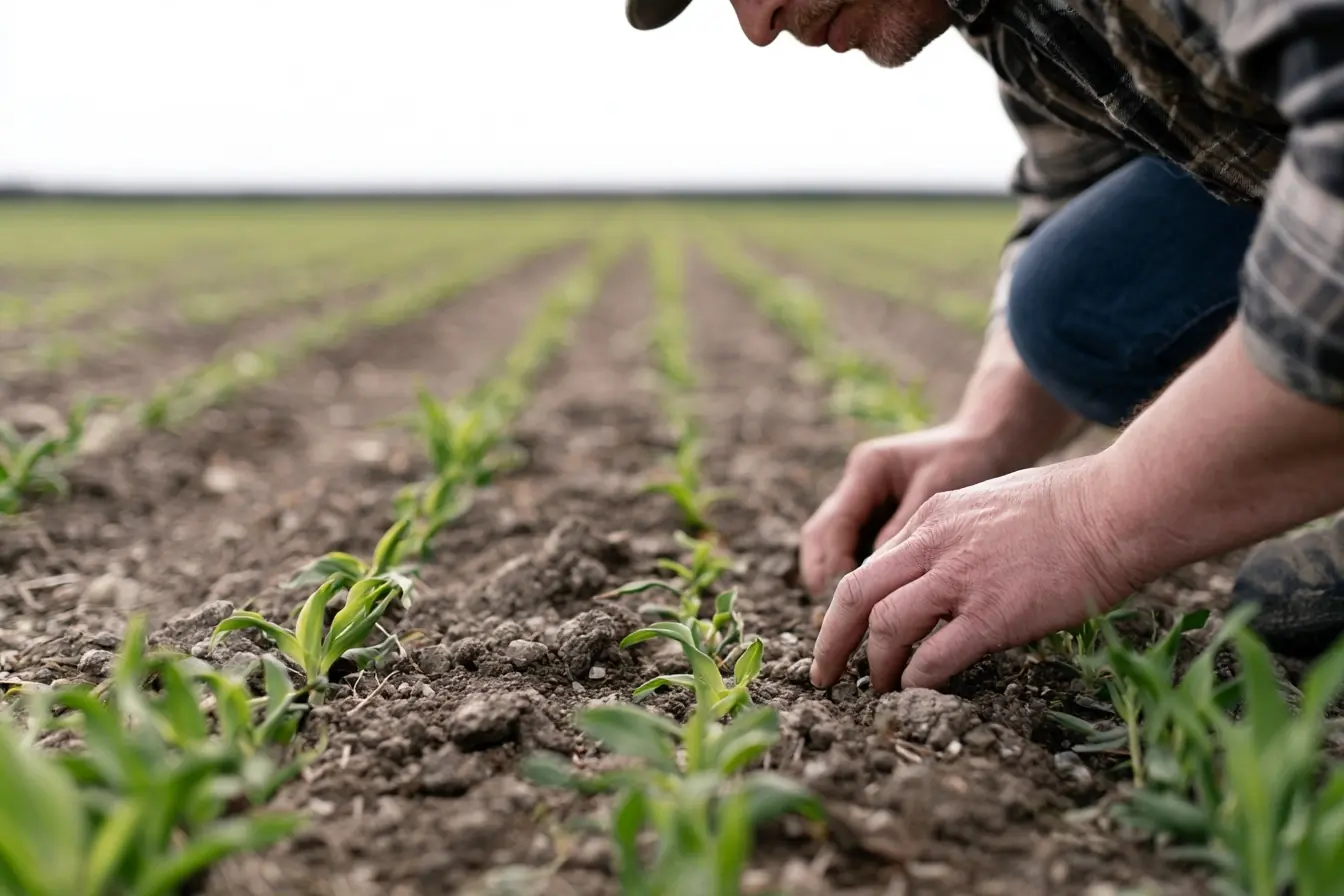 Agriculteur devant des pousses stoppées