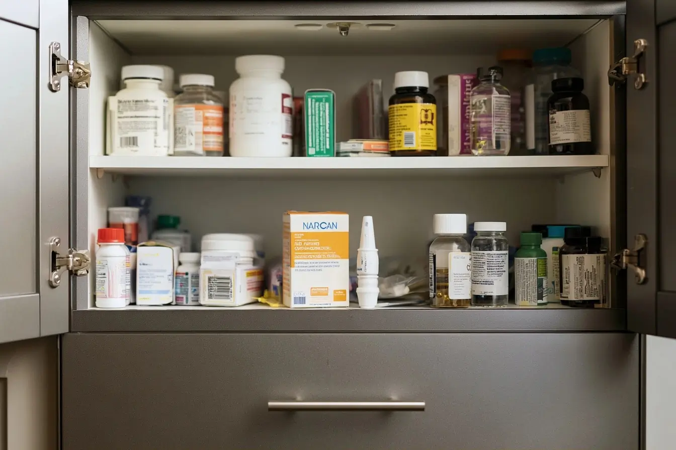 Narcan rangé dans une armoire à pharmacie