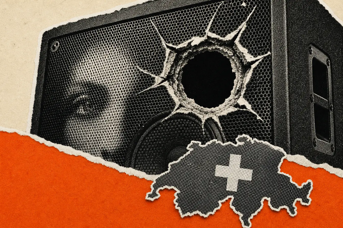 Enceinte percée devant une carte suisse