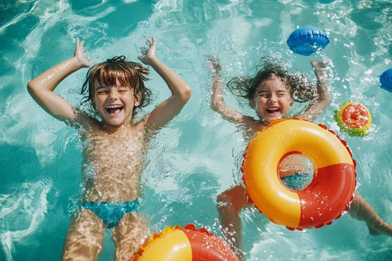 Prise de vue large de deux enfants s'amusant avec des jouets gonflables colorés dans la piscine