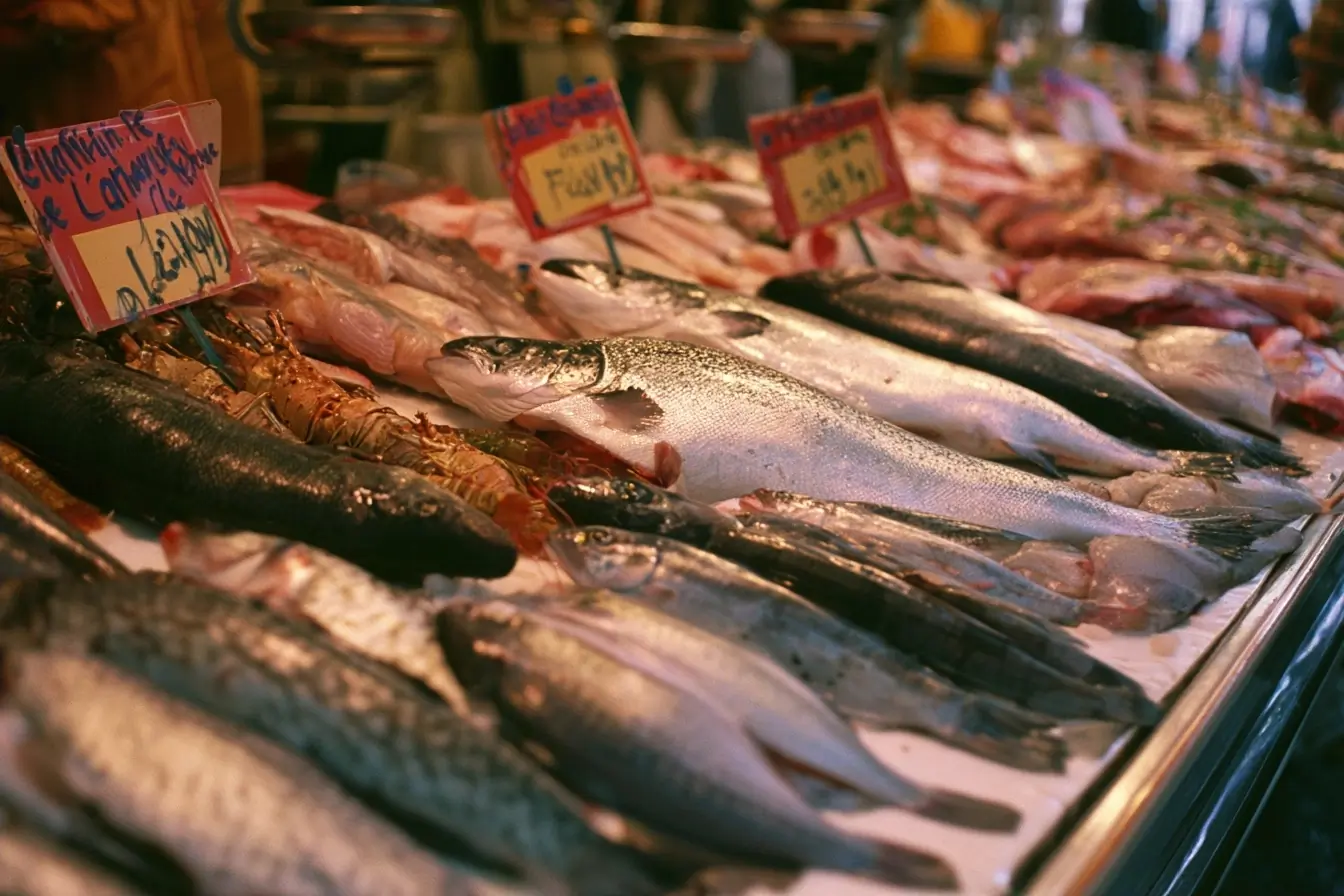 Étal de poissons avec saumon au centre