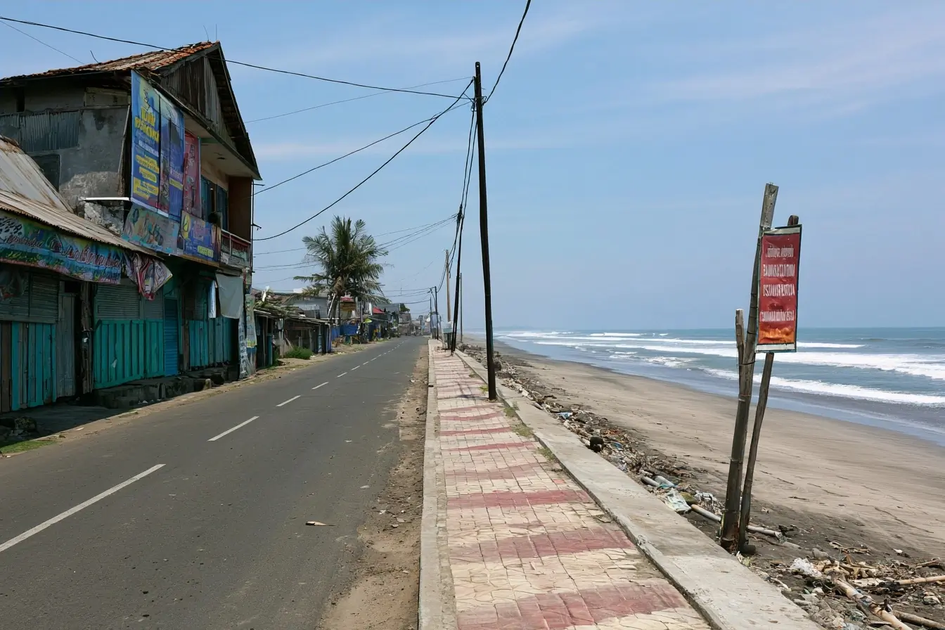 Front de mer désert avec panneau tsunami