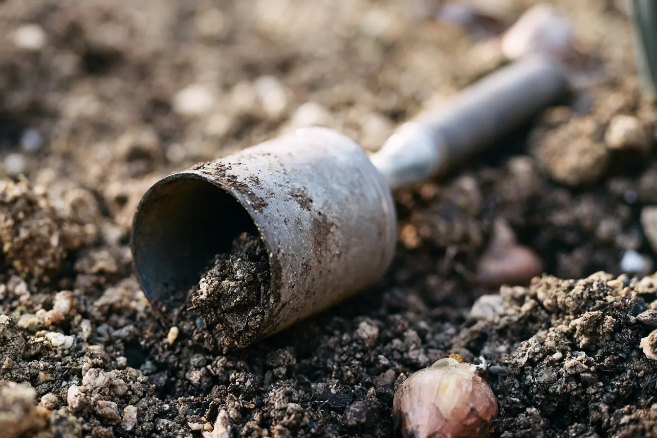 Gros plan sur un plantoir terreux