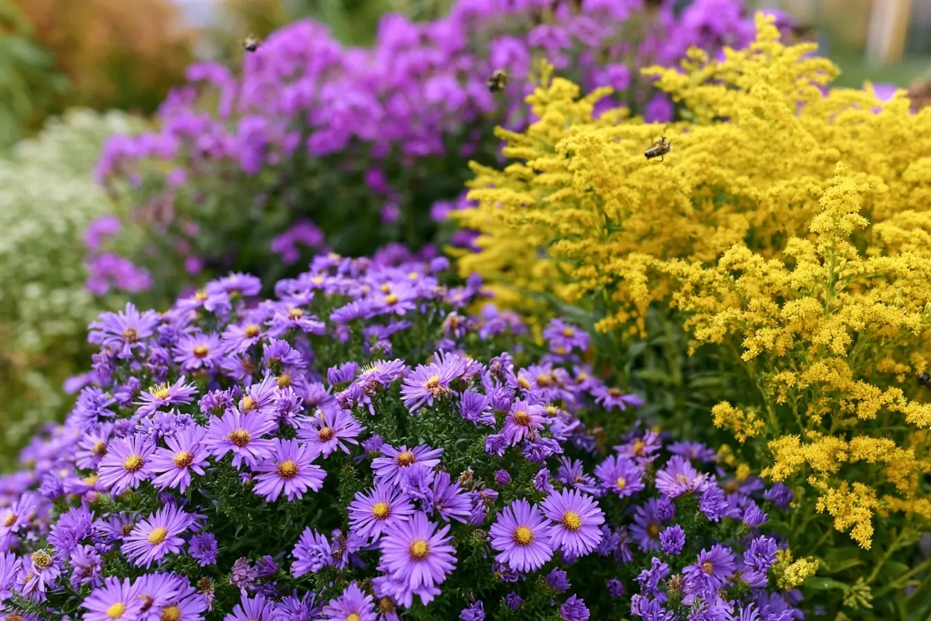 Jardin d’automne avec asters et abeilles