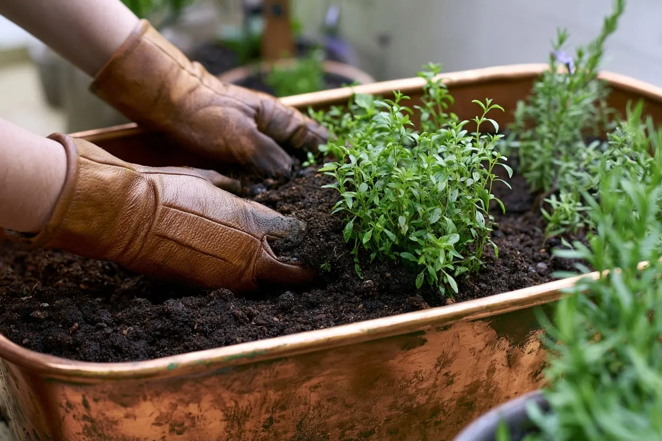 Jardinier rempotant une jardinière en cuivre