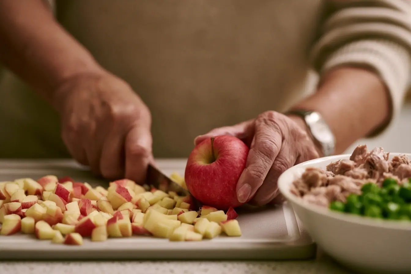Mains coupant une pomme rouge en dés
