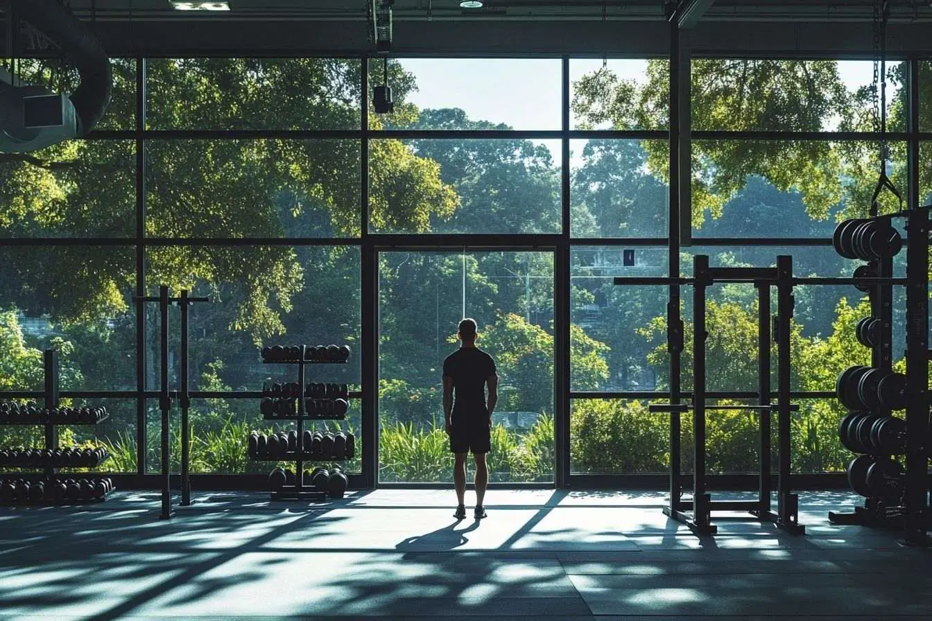 Entraînement de musculation devant des fenêtres ouvertes sur un paysage verdoyant