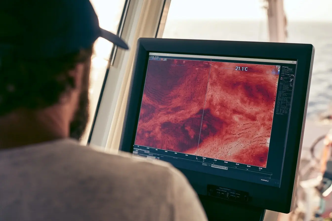 Océanographe devant une carte marine chaude