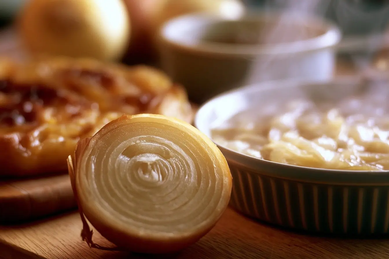 Oignon cru devant deux plats cuisinés
