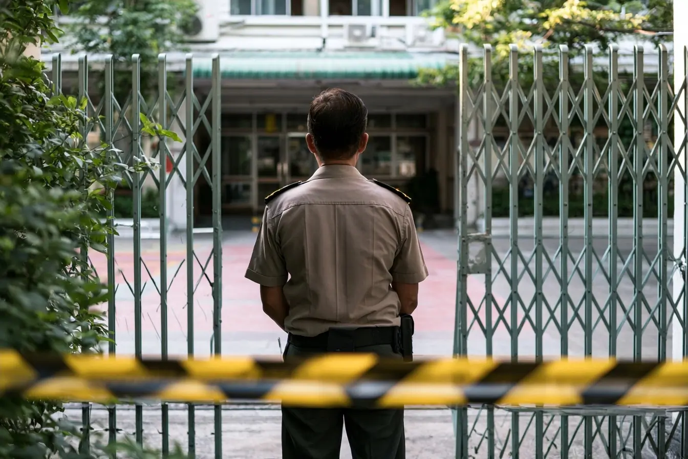 Policier devant un portail de lycée