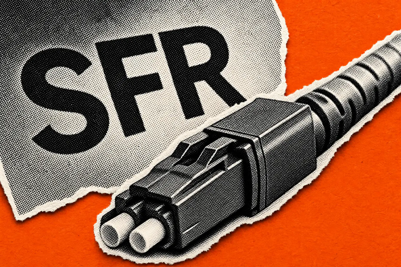Logo SFR fendu par une prise fibre