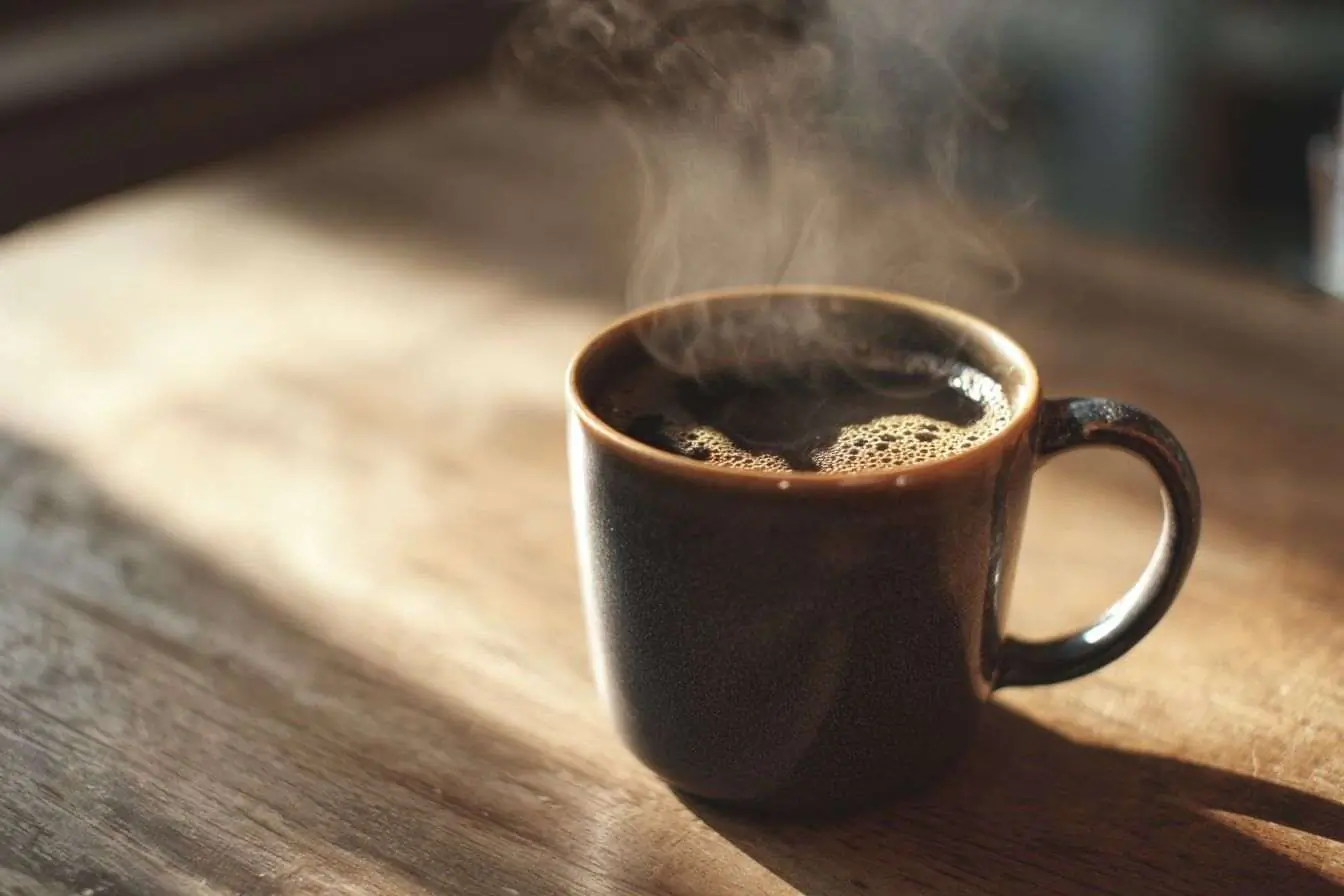 Image d'une tasse de café noir fumant posée sur une table en bois.