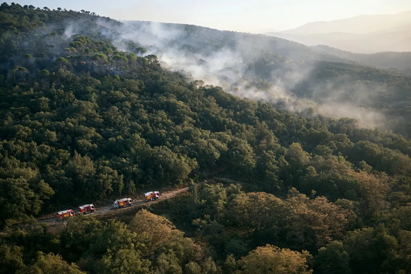 Camions de pompiers sur un versant boisé