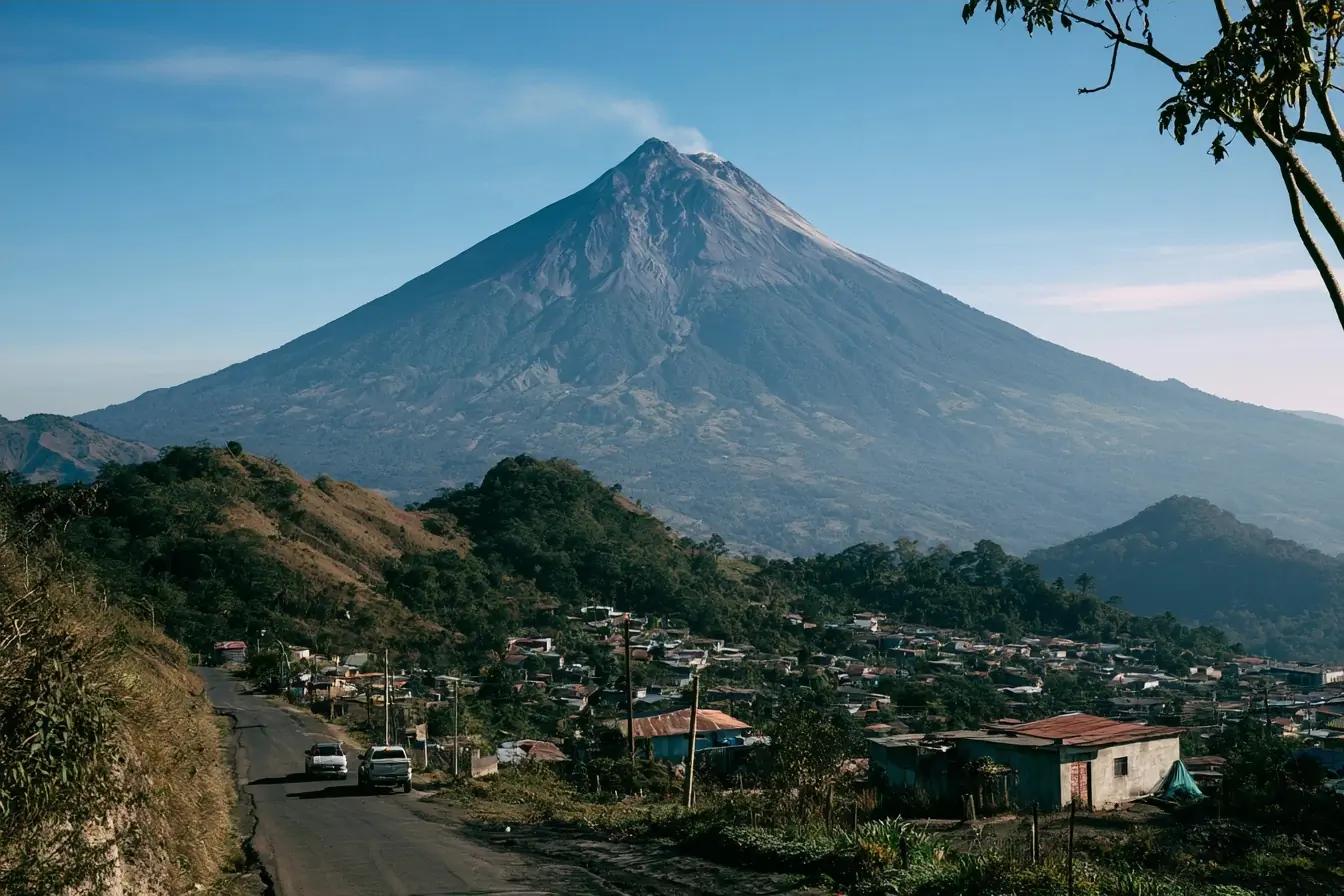 Village étendu au pied du volcan Fuego