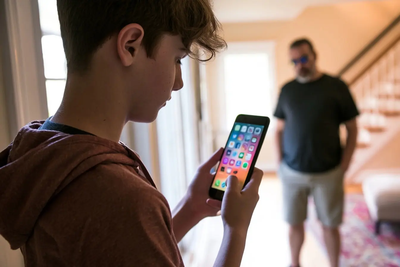 Adolescent avec smartphone et adulte à côté