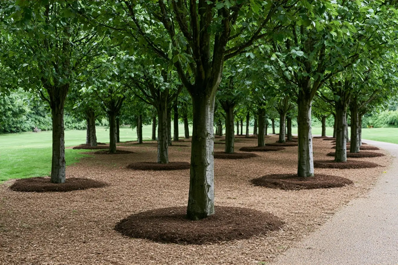 Alignement d’arbres avec cercles de paillage