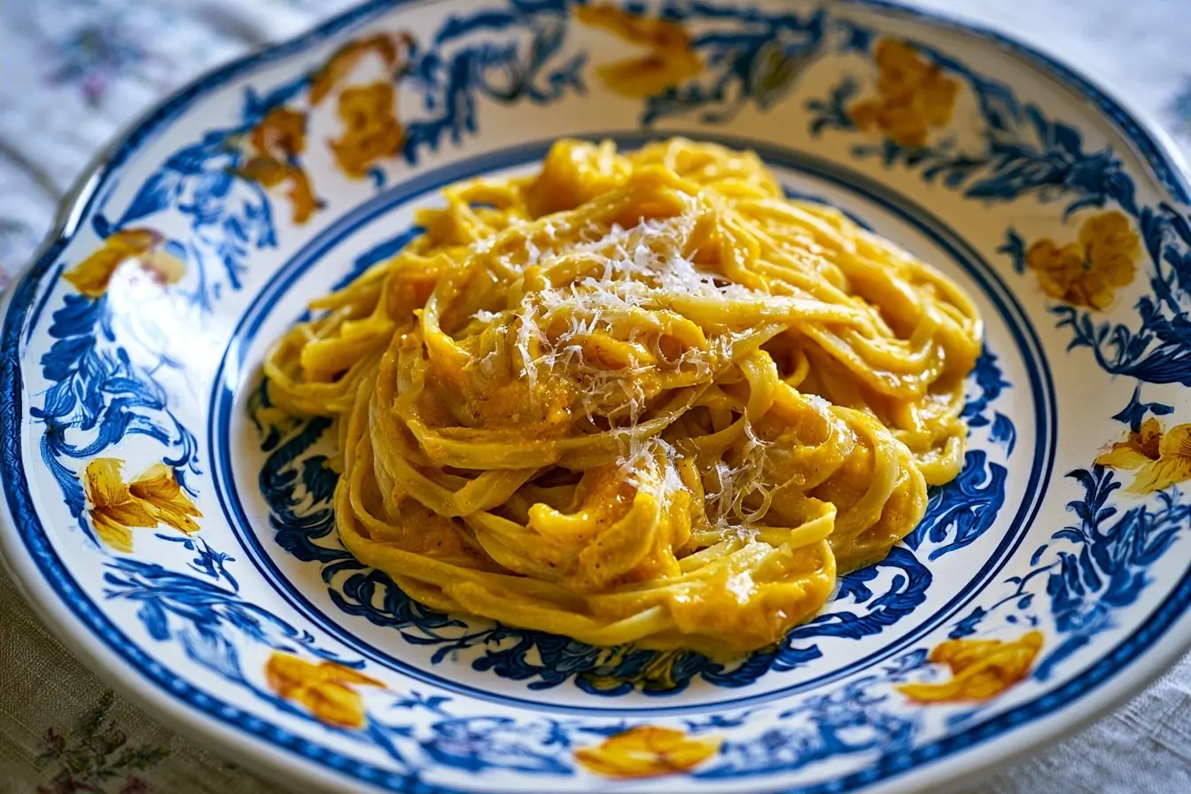 Assiette de pâtes au potiron façon carbonara
