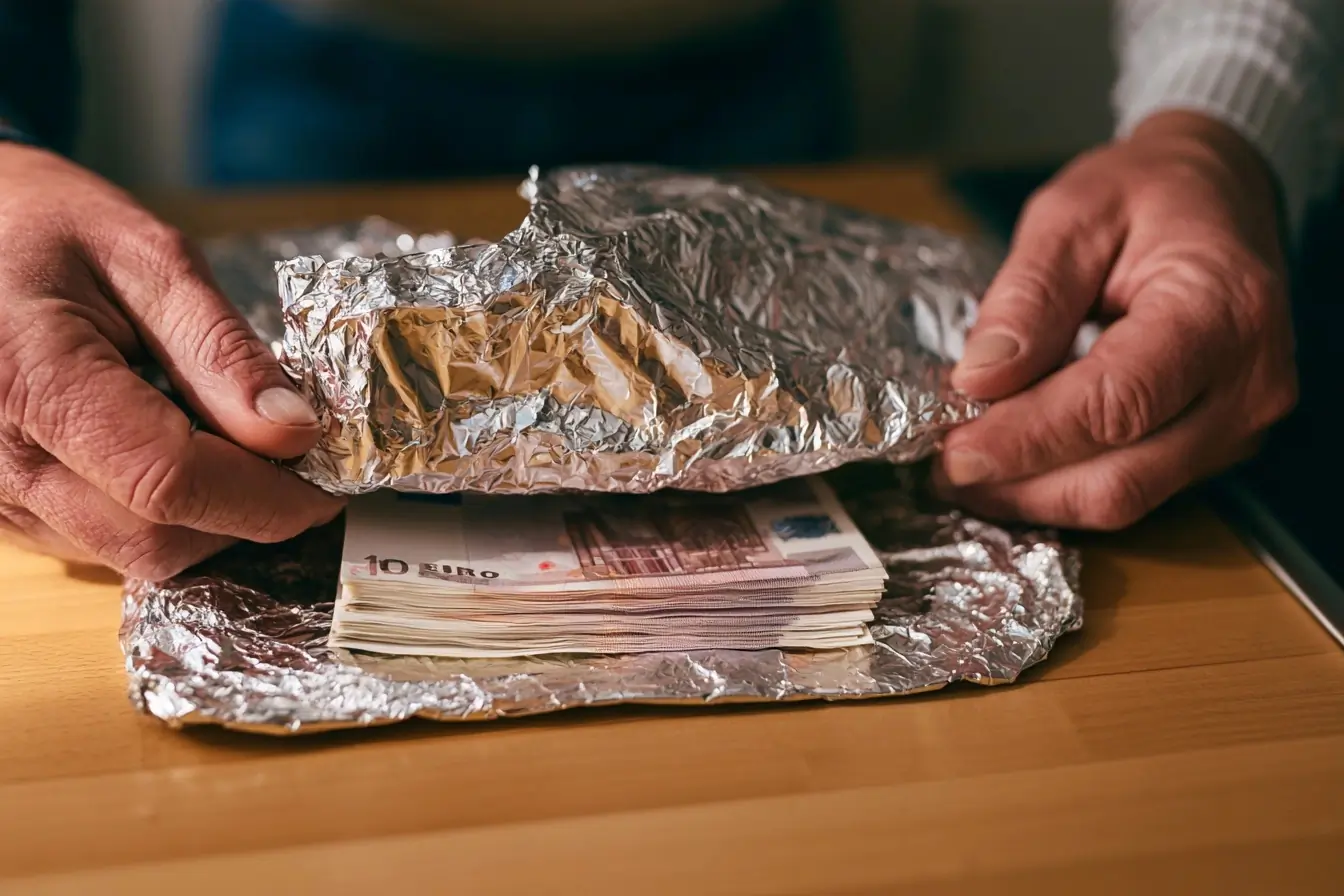 Mains emballant des billets dans l’alu