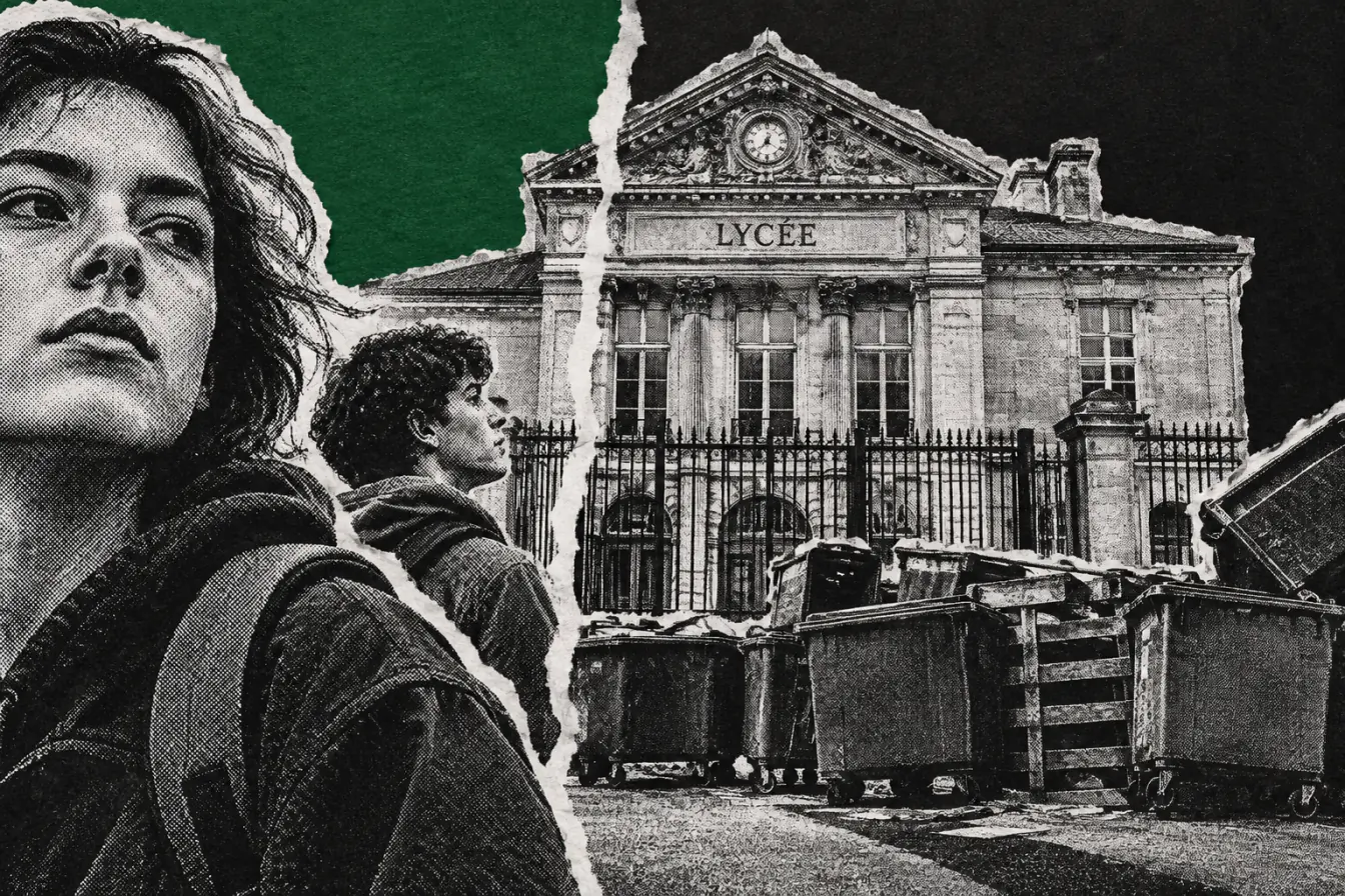 Élèves et grilles barrées devant un lycée