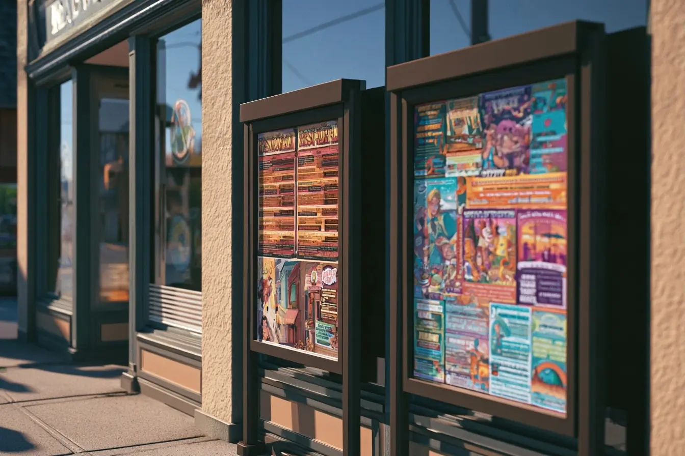 Vitrines de bourg couvertes d’affiches IA
