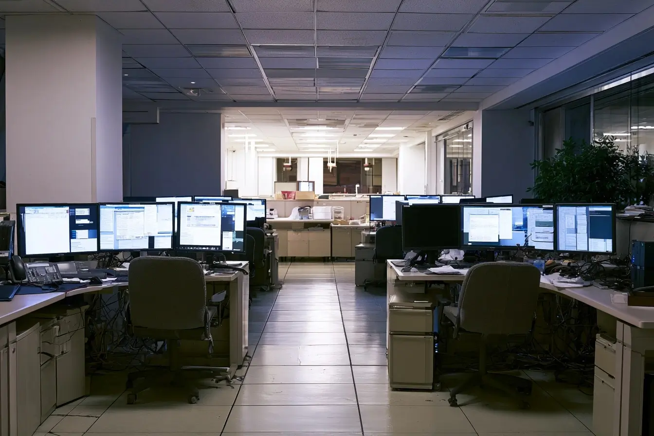 Bureaux avec écrans d’administration allumés