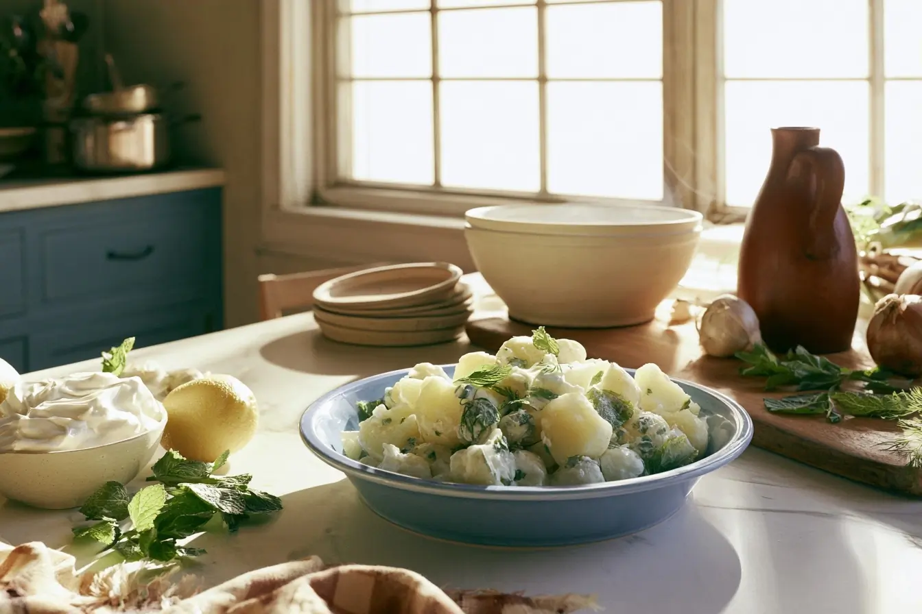Salade de pommes de terre sur table