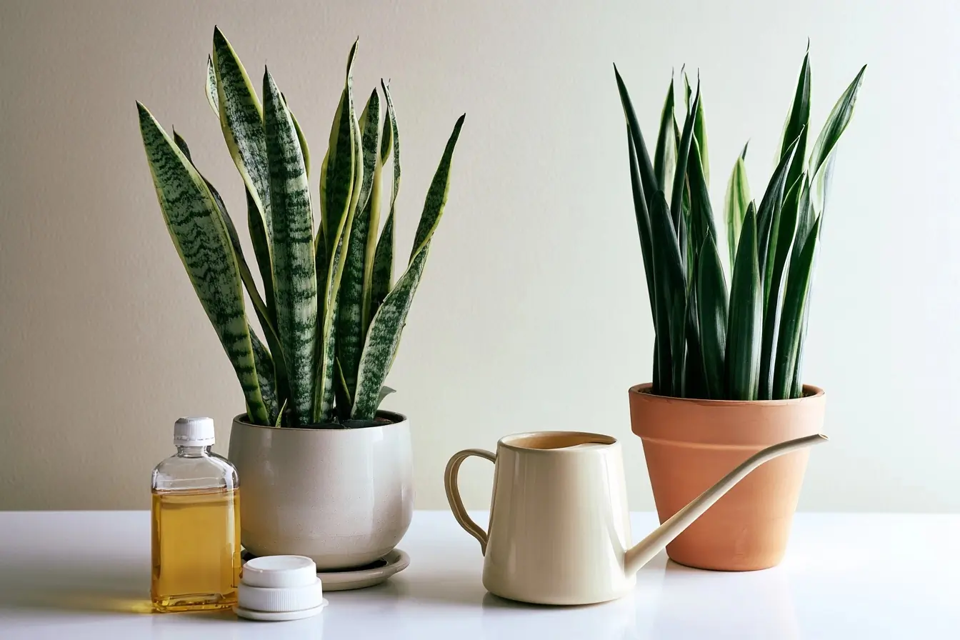 Deux snake plants avec et sans engrais