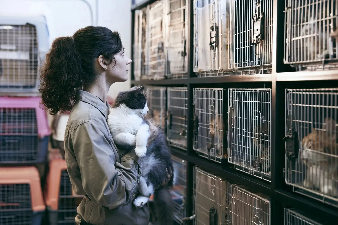 Employée de refuge avec un chat en bras