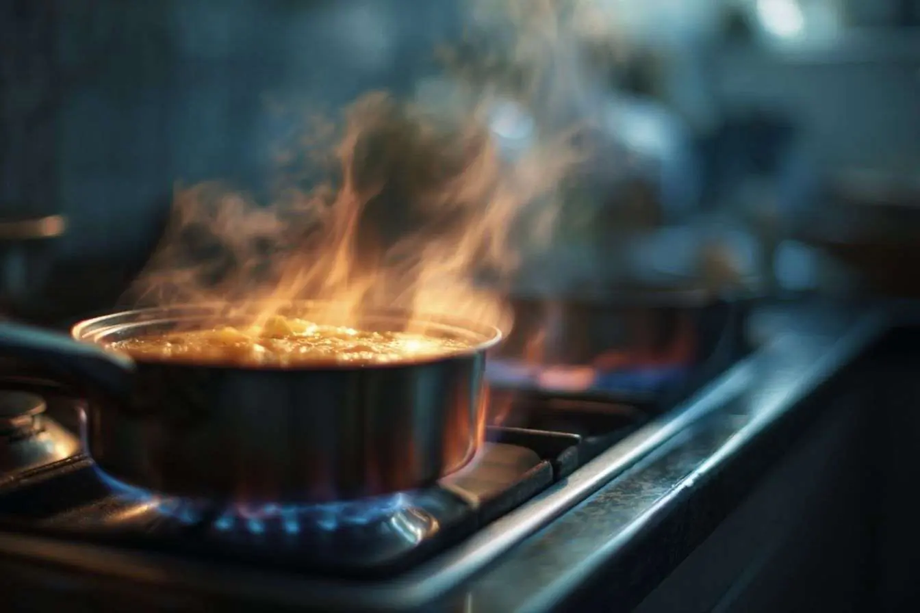Image d'une flamme de cuisinière à gaz illuminant un pot mijotant dans une cuisine accueillante.
