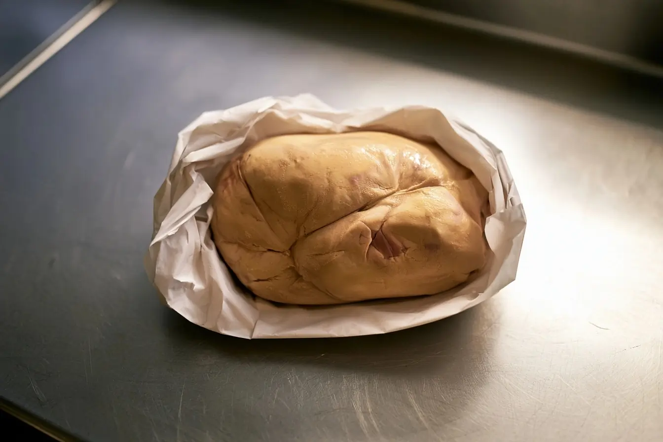 Lobe de foie gras cru sur plan inox