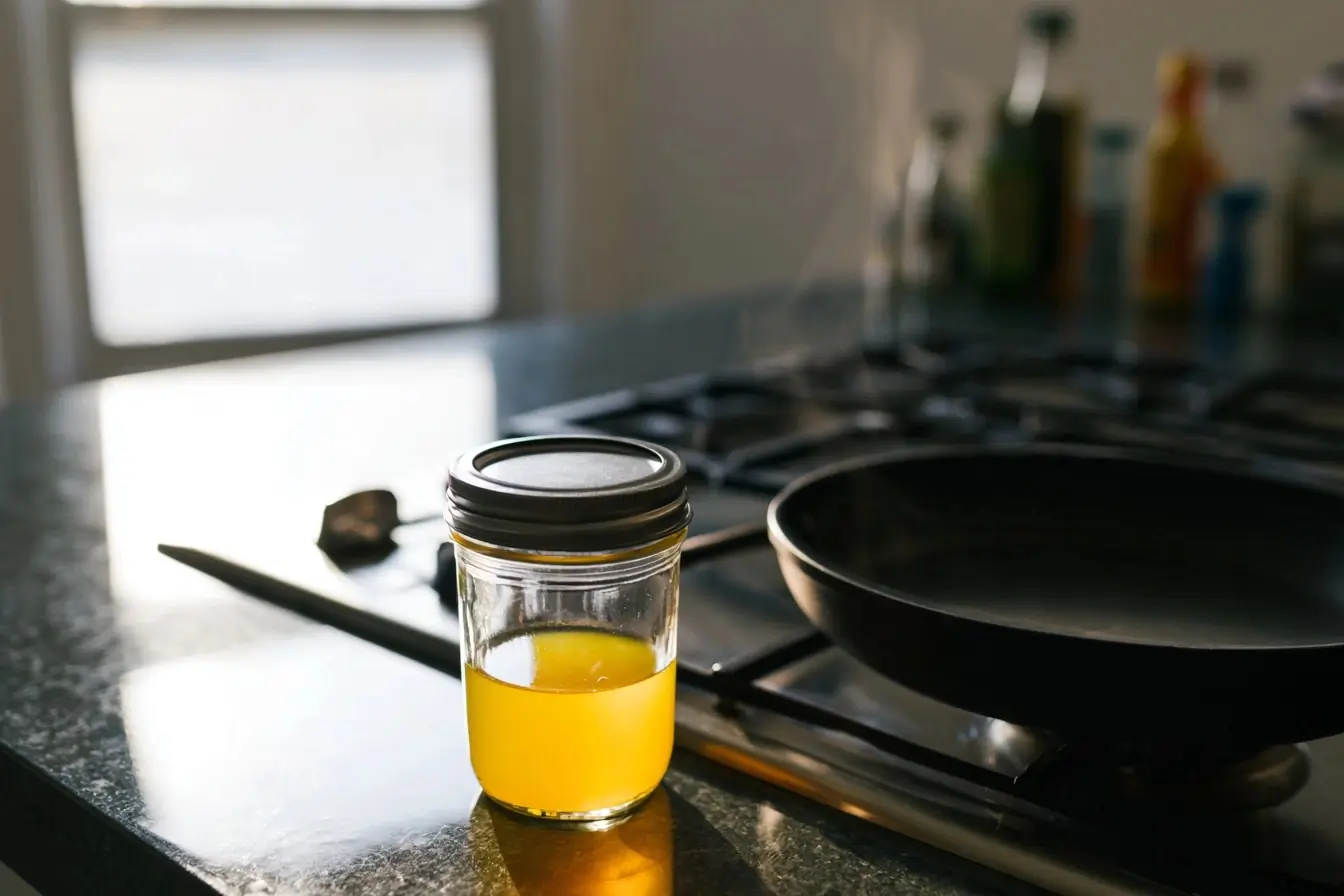 Pot de ghee près d’une plaque de cuisson