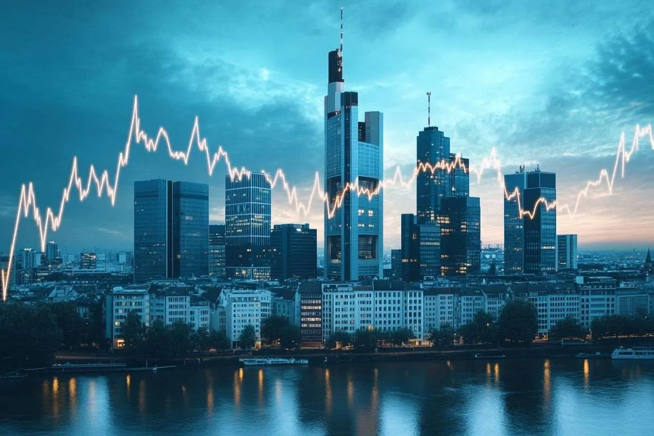 Illustration d'un graphique montrant la baisse des projections de croissance avec une ligne d'horizon européenne à l'arrière-plan.