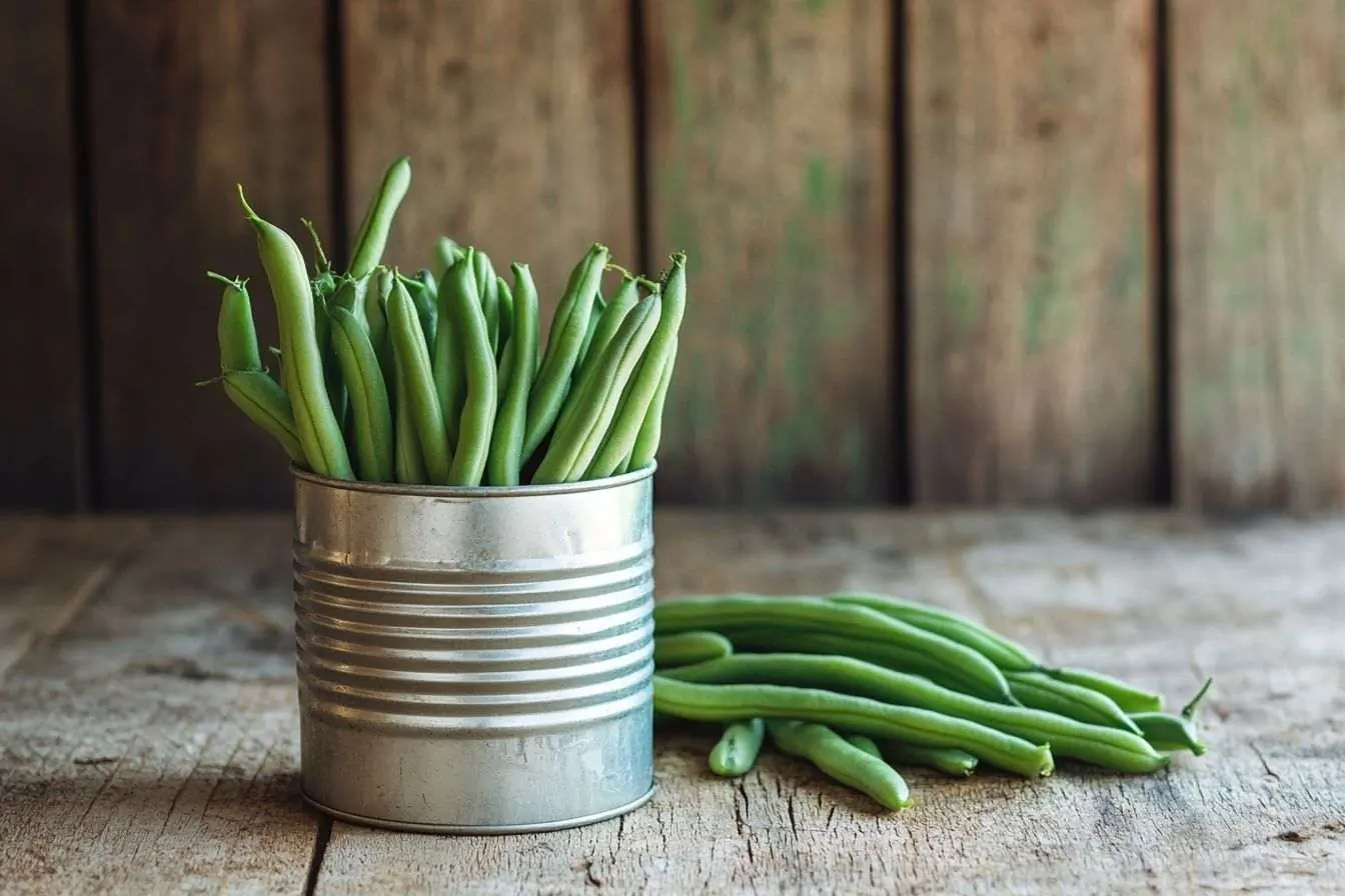 Une rangée de haricots verts sur une table en bois rustique à côté d'une boîte de conserve vide.