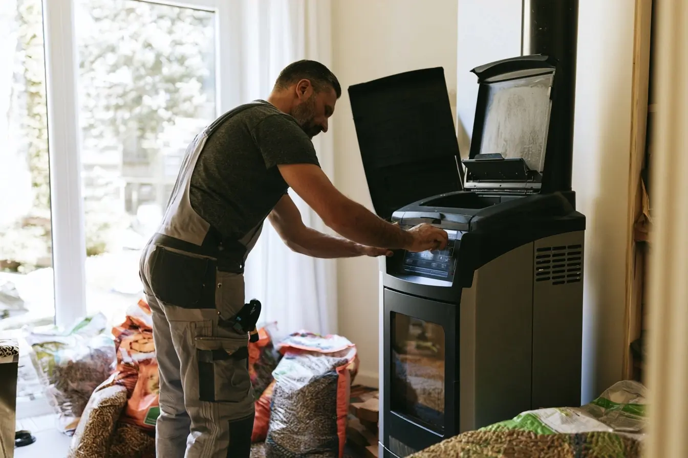 Installateur devant un poêle à granulés