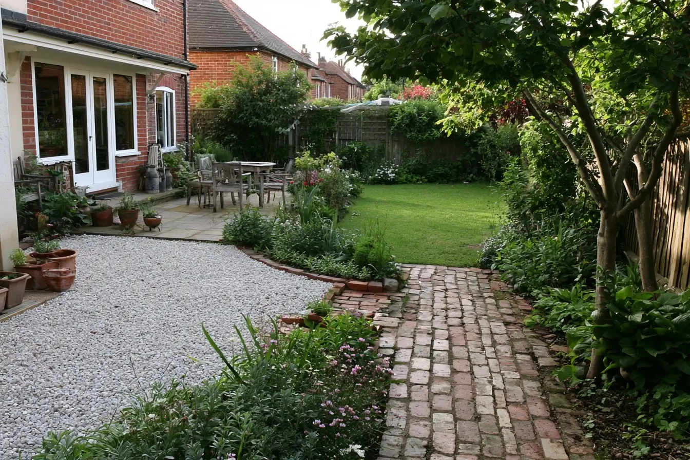 Jardin avec terrasse en brique et gravier