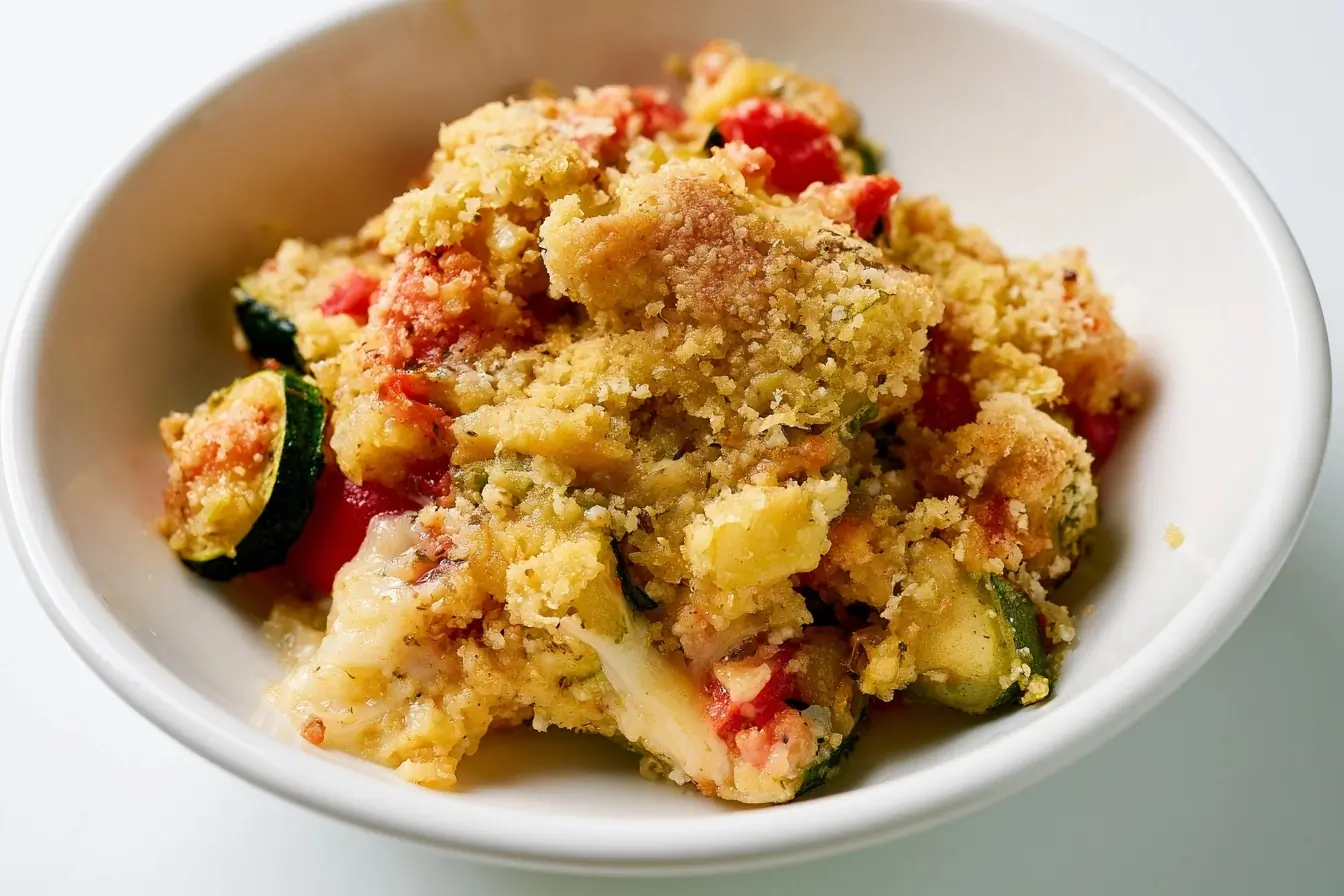 Part de crumble servie avec mozzarella