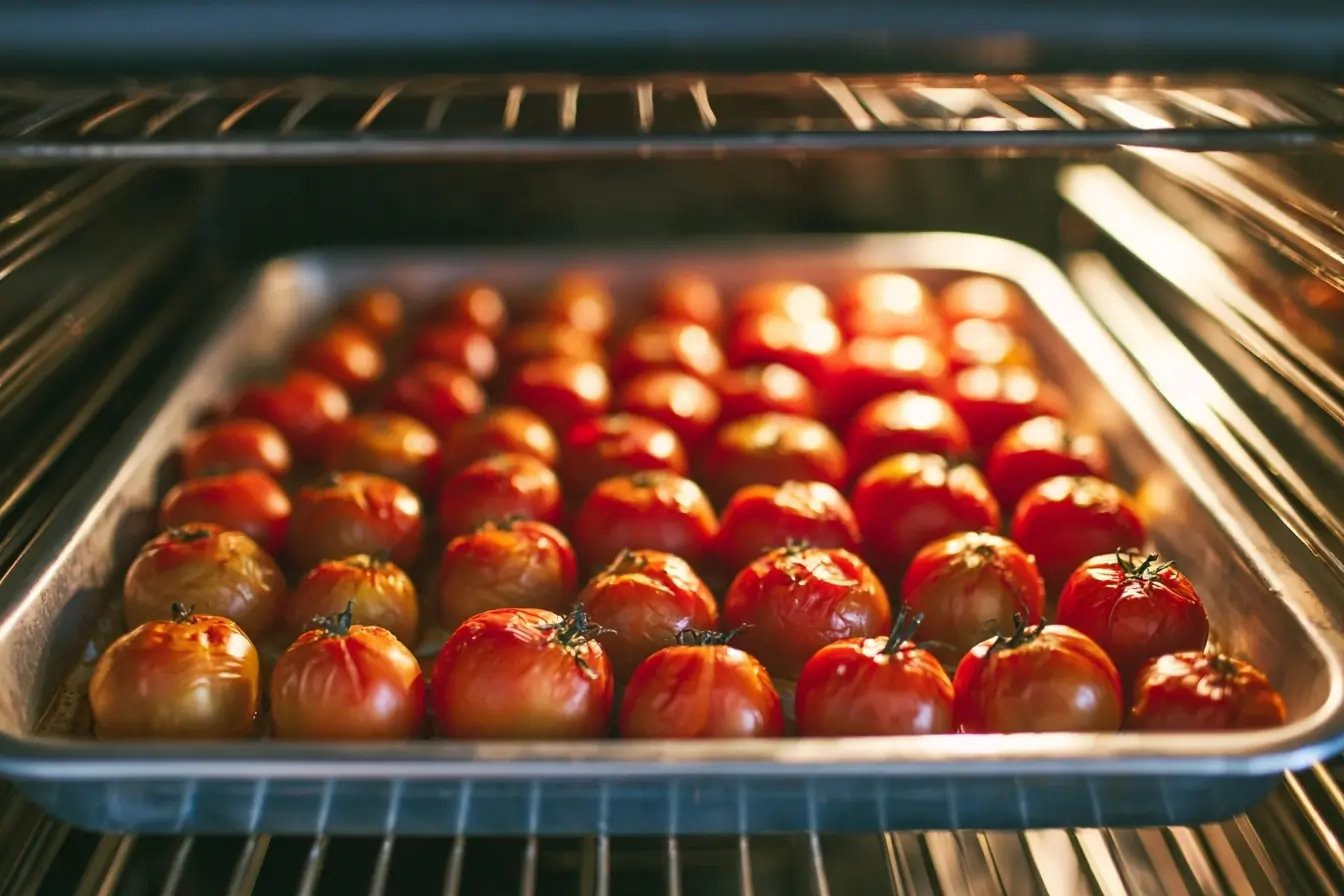 Plaque de tomates dans un four