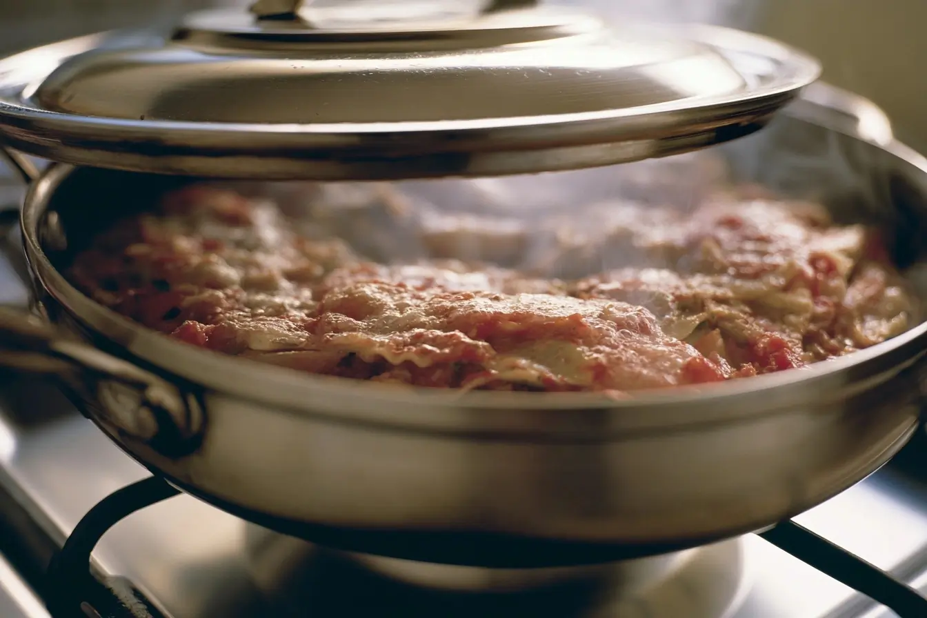 Poêle profonde avec lasagnes à couvert