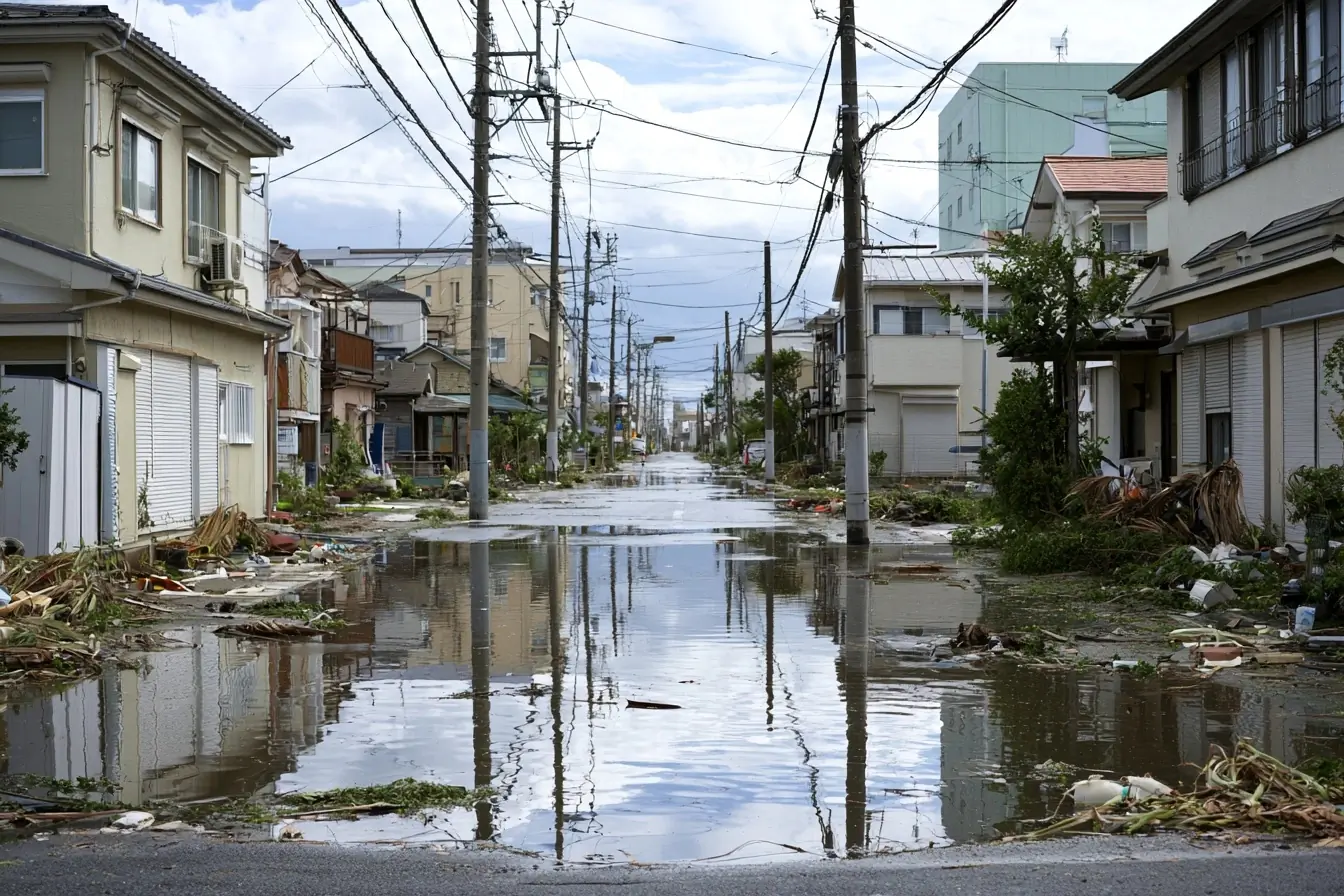 Rue japonaise inondée après le typhon