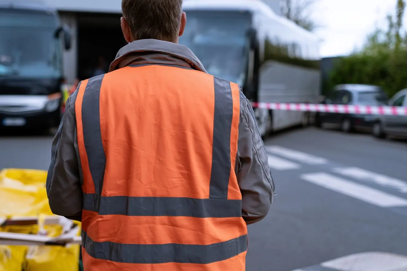 Salarié près d’un car à l’entrée