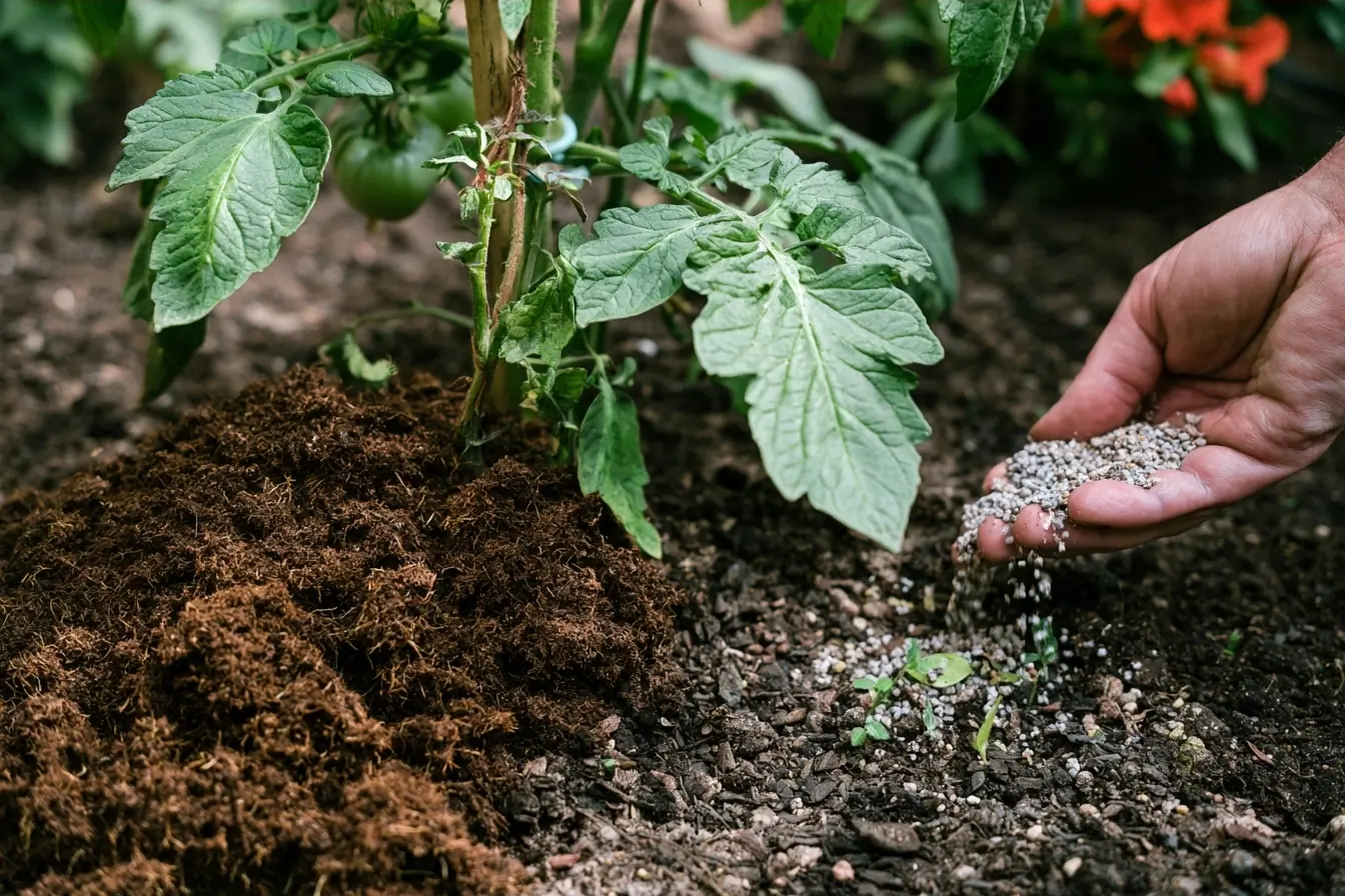 Plant de tomate entre compost et engrais