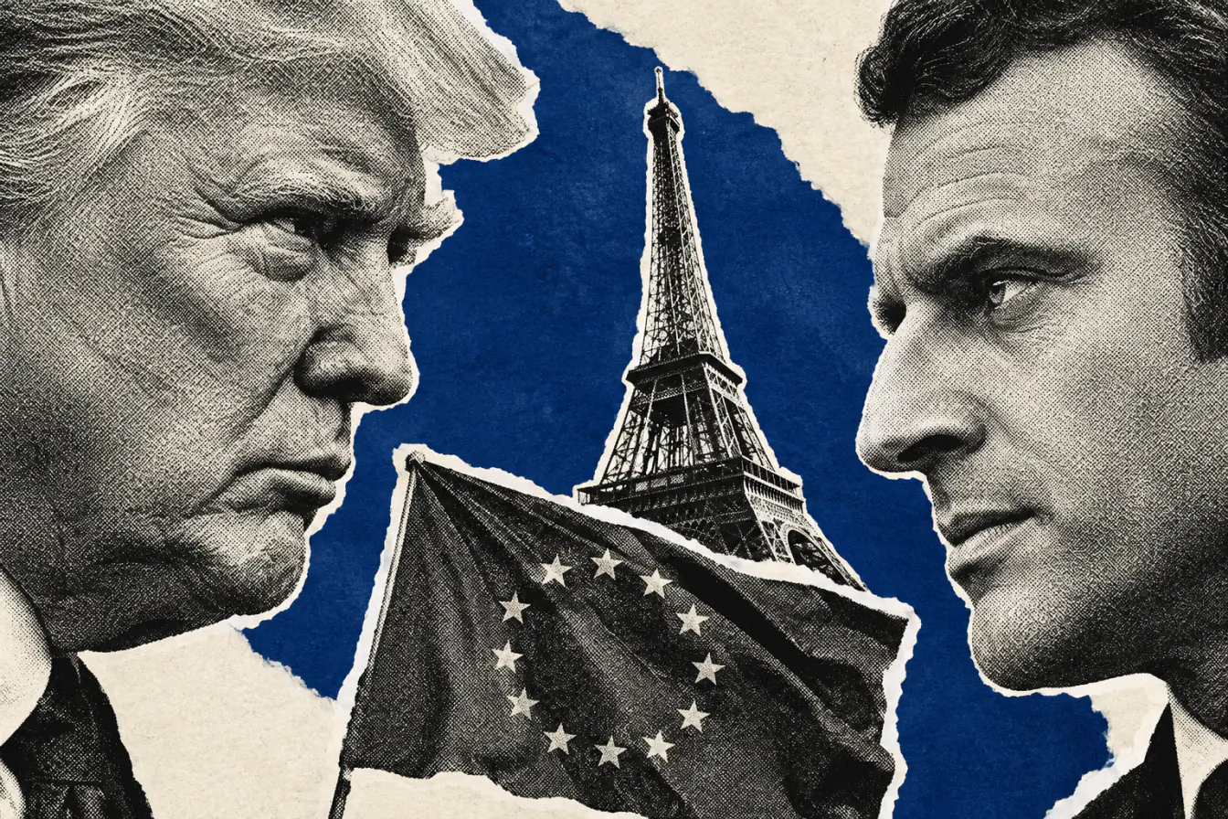 Trump et Macron face à face sur fond crème