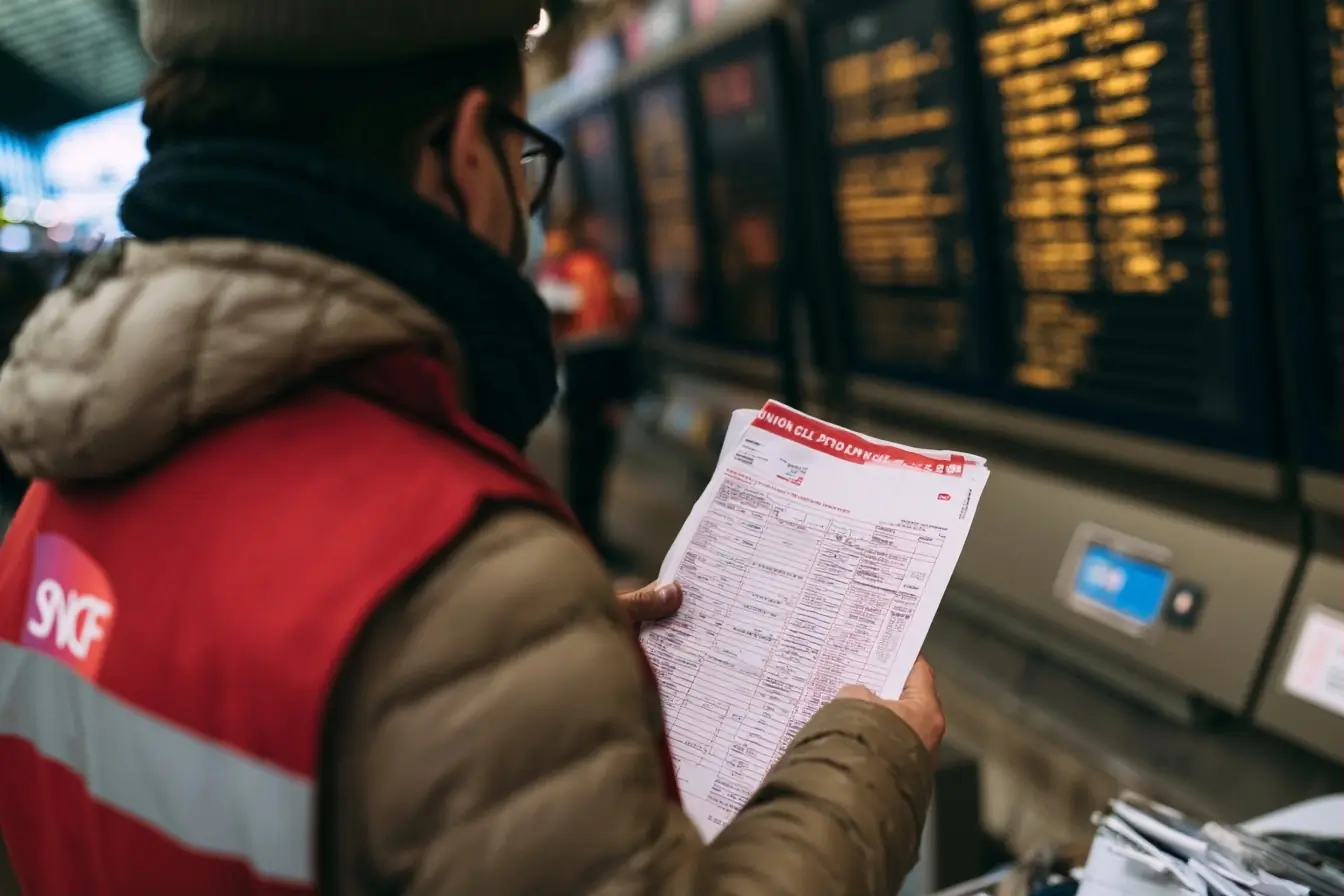 Agent SNCF sur quai avec appel à la grève