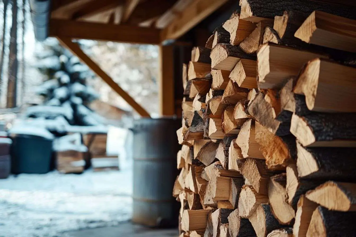 Montagne de bois dans un garage douillet pour l'hiver